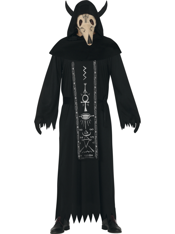 Déguisement culte occulte adulte – Tunique noire à capuche + masque cornu (Taille L 52–54)