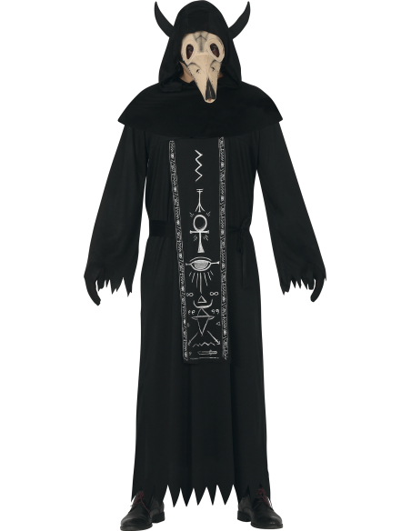Déguisement culte occulte adulte – Tunique noire à capuche + masque cornu (Taille L 52–54)
