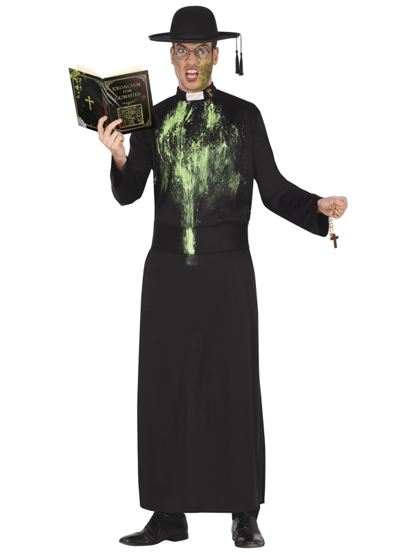 Déguisement prêtre exorciste homme – Soutane noire tachée de « vomi » vert (Taille ML 52–54)