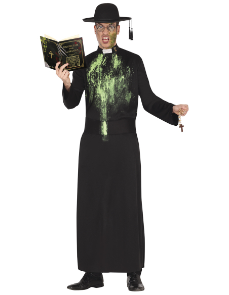 Déguisement prêtre exorciste homme – Soutane noire tachée de « vomi » vert (Taille ML 52–54)