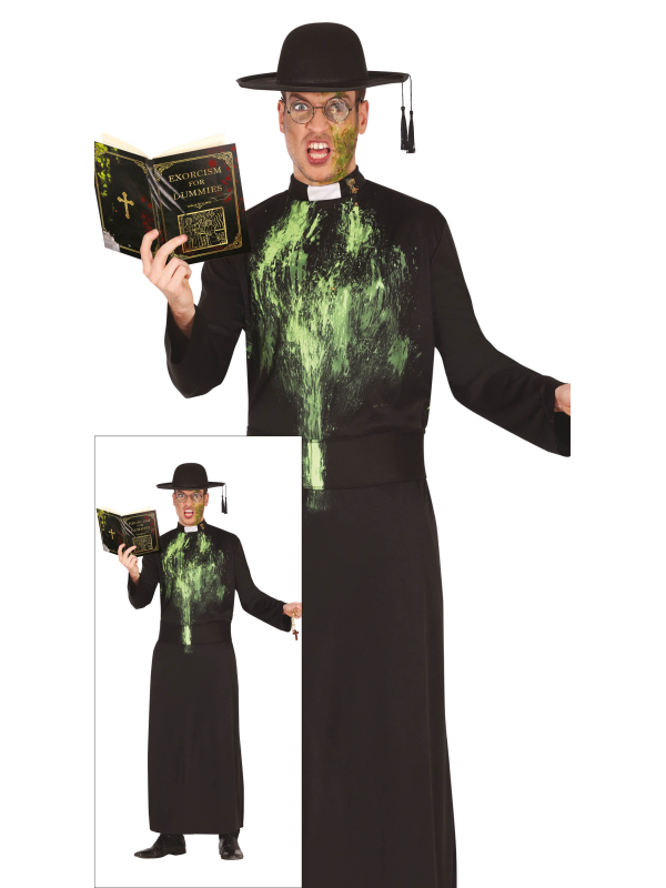 Déguisement prêtre exorciste homme – Soutane noire tachée de « vomi » vert (Taille ML 52–54)