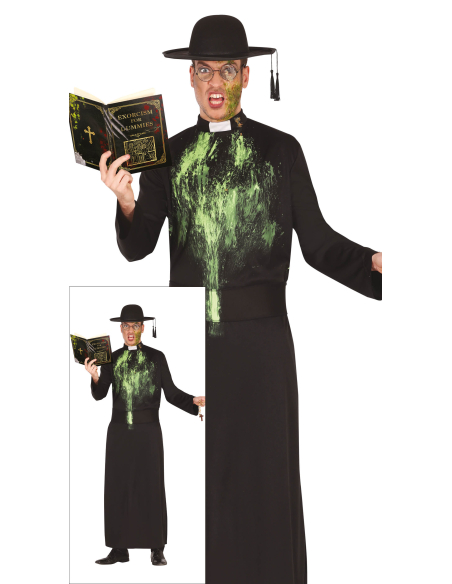 Déguisement prêtre exorciste homme – Soutane noire tachée de « vomi » vert (Taille ML 52–54)