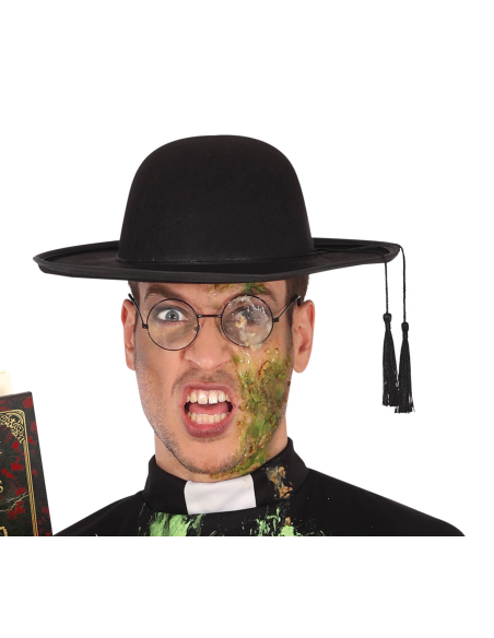 Déguisement prêtre exorciste homme – Soutane noire tachée de « vomi » vert (Taille ML 52–54)