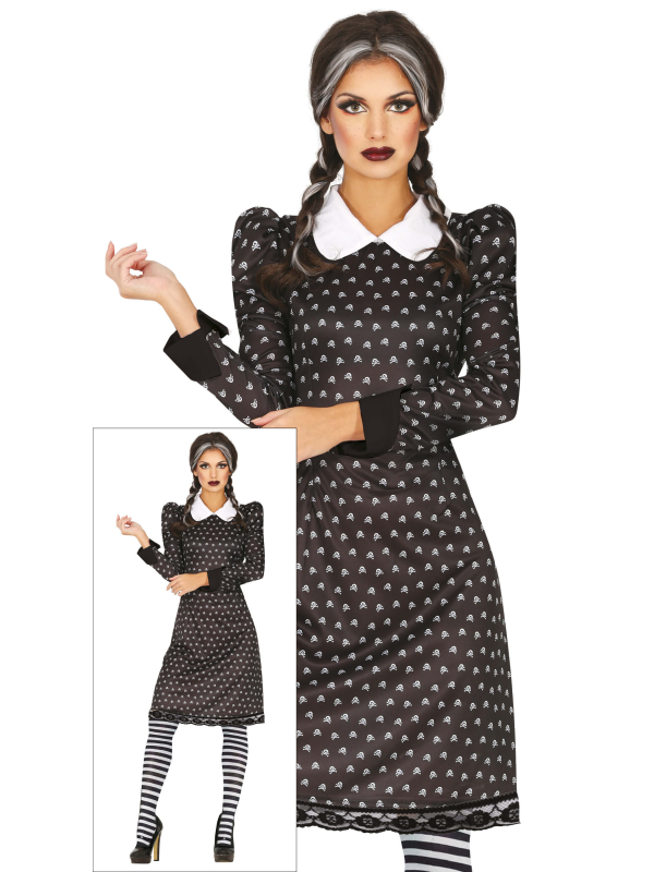 Déguisement Mercredi Addams femme – robe gothique noire à col blanc du XS au XL