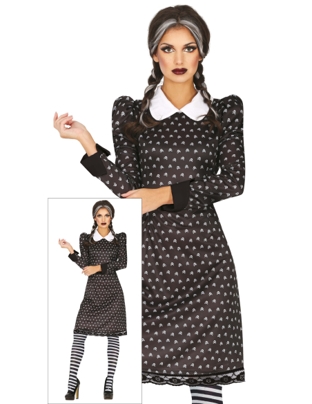 Déguisement Mercredi Addams femme – robe gothique noire à col blanc du XS au XL