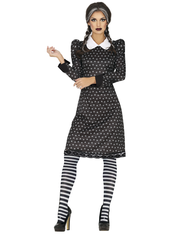 Déguisement Mercredi Addams femme – robe gothique noire à col blanc du XS au XL