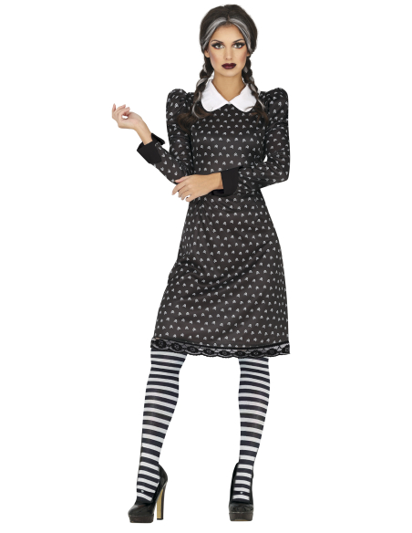 Déguisement Mercredi Addams femme – robe gothique noire à col blanc du XS au XL