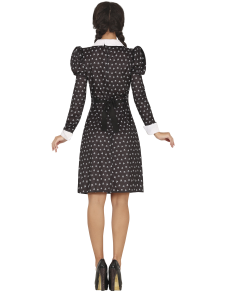 Déguisement Mercredi Addams femme – robe gothique noire à col blanc du XS au XL