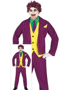 Déguisement Crazy Villain homme – Costume Joker violet rayé avec gilet jaune