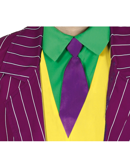Déguisement Crazy Villain homme – Costume Joker violet rayé avec gilet jaune