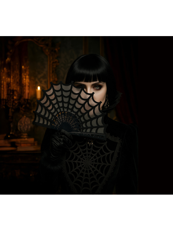 Éventail gothique noir toile d’araignée – Accessoire glamour et mystérieux pour Halloween et soirées déguisées