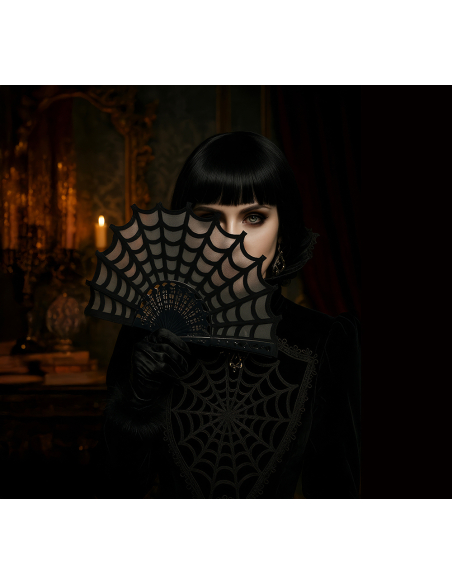 Éventail gothique noir toile d’araignée – Accessoire glamour et mystérieux pour Halloween et soirées déguisées