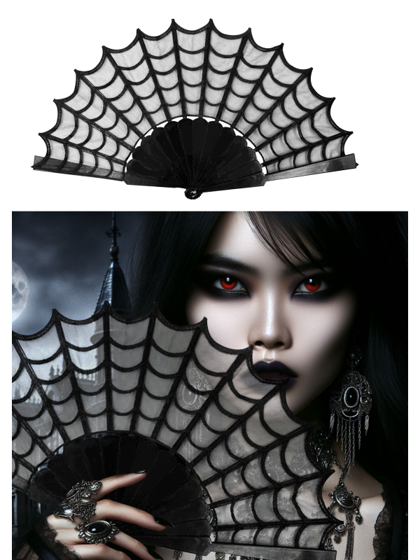 Éventail gothique noir toile d’araignée – Accessoire glamour et mystérieux pour Halloween et soirées déguisées