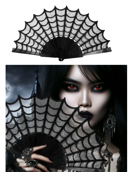 Éventail gothique noir toile d’araignée – Accessoire glamour et mystérieux pour Halloween et soirées déguisées
