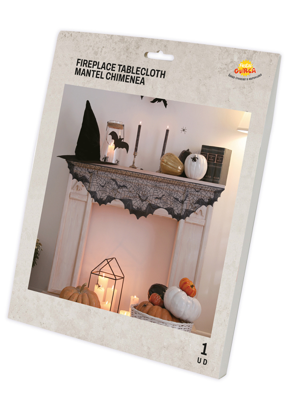 Décoration Halloween cheminée – Dentelle noire chauves-souris 200×5 cm