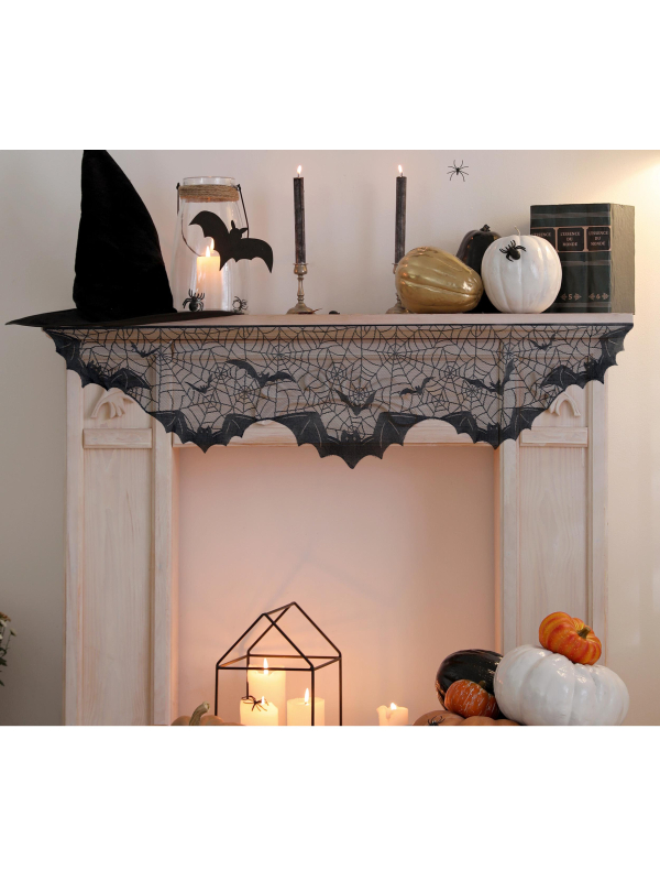 Décoration Halloween cheminée – Dentelle noire chauves-souris 200×5 cm