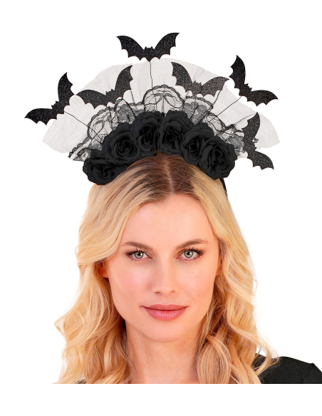 Coiffe Halloween Femme Chauves-Souris & Roses Noires – Accessoire Gothique Élégant