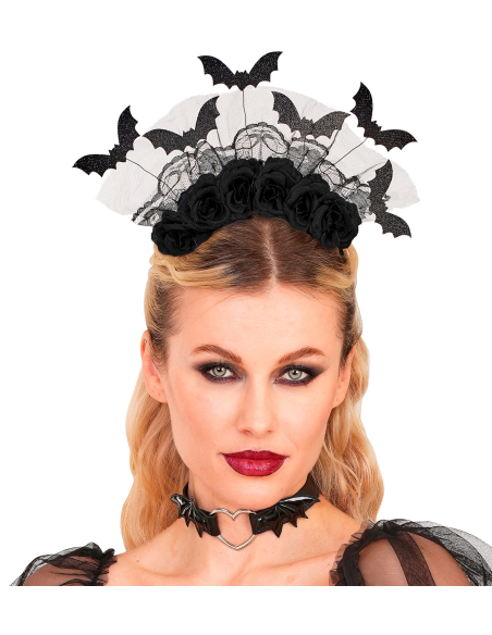 Coiffe Halloween Femme Chauves-Souris & Roses Noires – Accessoire Gothique Élégant