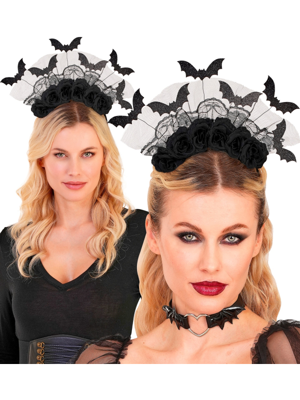 Coiffe Halloween Femme Chauves-Souris & Roses Noires – Accessoire Gothique Élégant