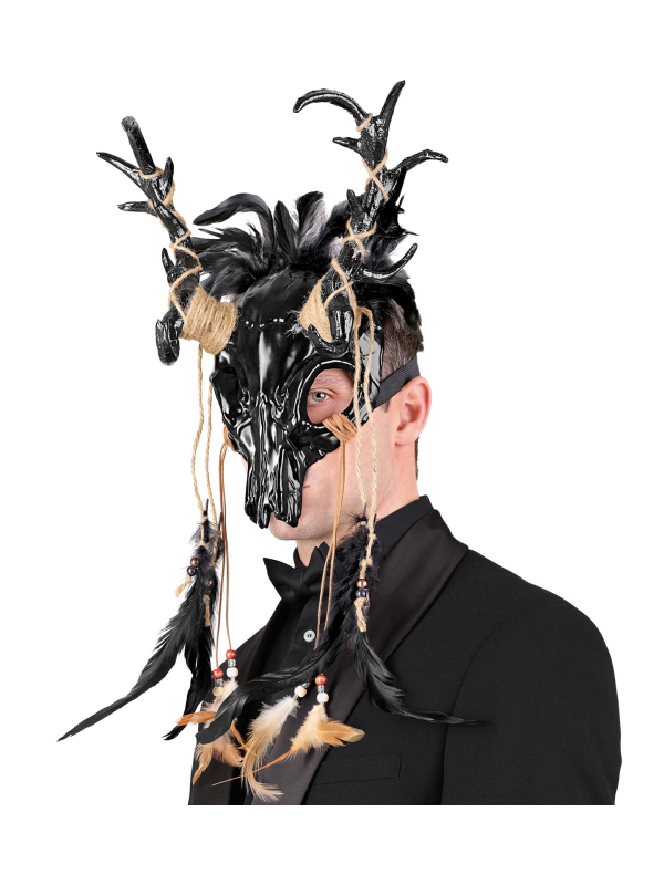 Masque Chaman Taureau Crâne avec Plumes Noires...