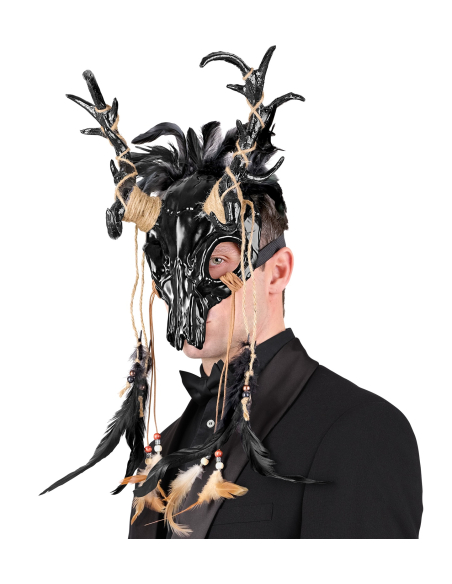 Masque Chaman Taureau Crâne avec Plumes Noires – Accessoire Halloween & Soirées Mystiques