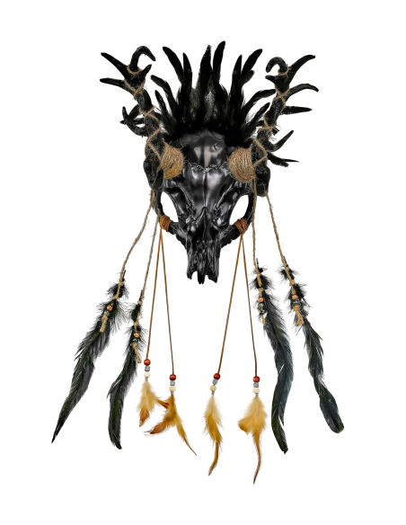 Masque Chaman Taureau Crâne avec Plumes Noires – Accessoire Halloween & Soirées Mystiques