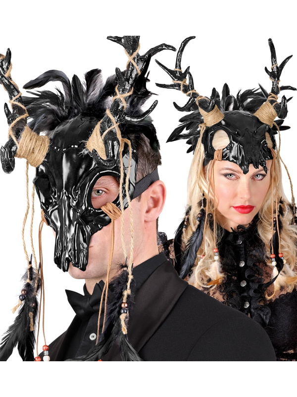 Masque Chaman Taureau Crâne avec Plumes Noires – Accessoire Halloween & Soirées Mystiques
