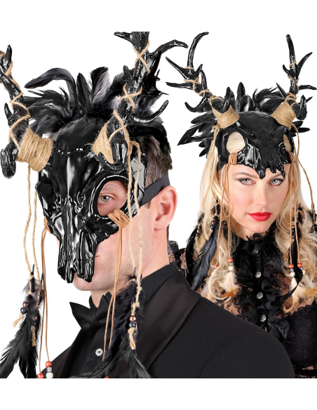 Masque Chaman Taureau Crâne avec Plumes Noires – Accessoire Halloween & Soirées Mystiques