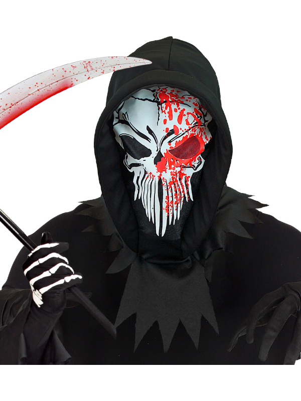 Masque intégral de Faucheuse Ensanglantée avec Capuche Noire – Accessoire Halloween Effrayant