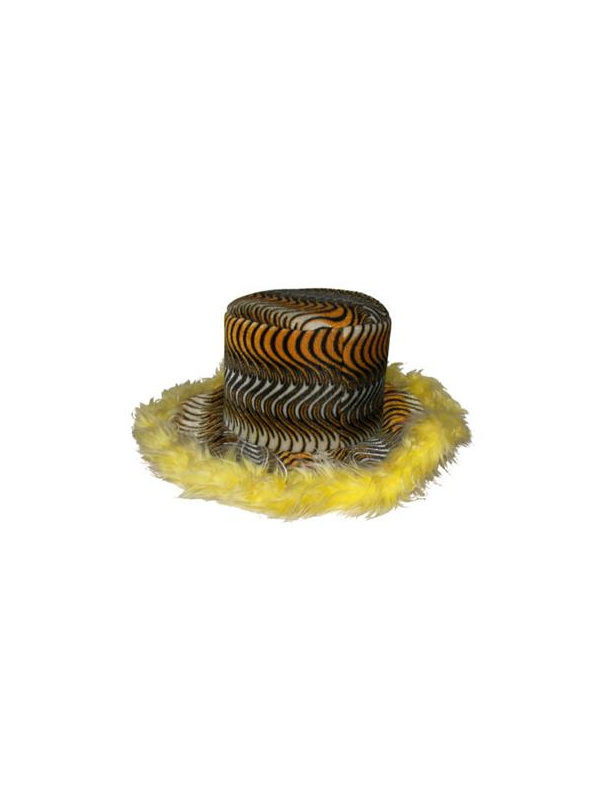 Chapeau Carnaval de Dunkerque – Haut-de-forme peluche fauve à plumes jaunes | Taille unique adulte mixte
