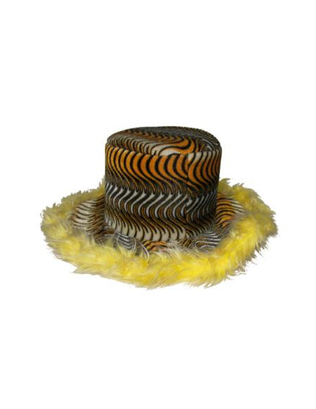 Chapeau Carnaval de Dunkerque – Haut-de-forme peluche fauve à plumes jaunes | Taille unique adulte mixte