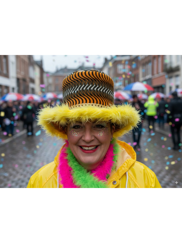 Chapeau Carnaval de Dunkerque – Haut-de-forme peluche fauve à plumes jaunes | Taille unique adulte mixte