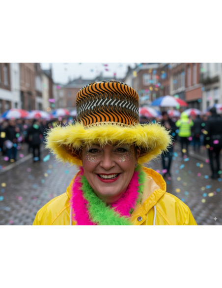 Chapeau Carnaval de Dunkerque – Haut-de-forme peluche fauve à plumes jaunes | Taille unique adulte mixte
