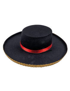 Chapeau espagnol – Style andalou/cordobés (noir, ruban rouge, galon doré)