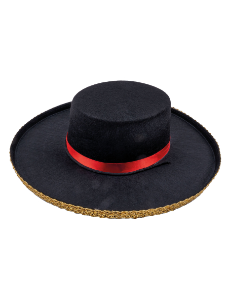 Chapeau espagnol – Style andalou/cordobés (noir, ruban rouge, galon doré)