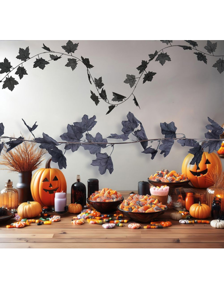 Guirlande de Feuilles Noires 180 cm – Décoration Murale Halloween en PVC