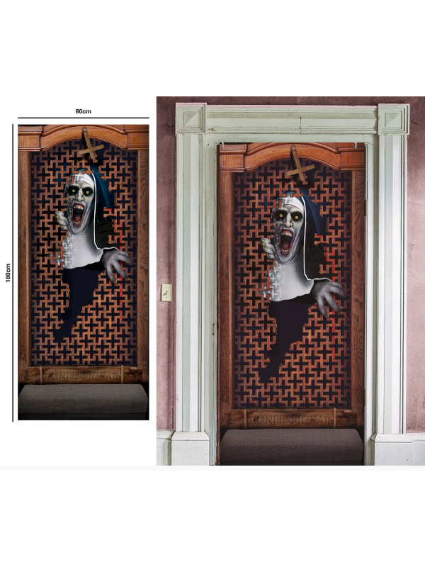 Décoration de porte Halloween – Nonne démoniaque sortant du confessional 80×180 cm