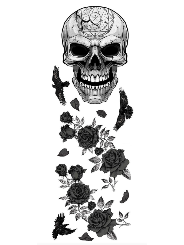 Décoration murale Halloween – Crâne gothique aux roses noires & corbeaux 25×70 cm