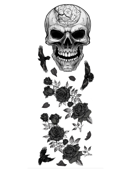 Décoration murale Halloween – Crâne gothique aux roses noires & corbeaux 25×70 cm
