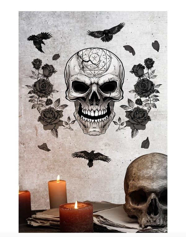 Décoration murale Halloween – Crâne gothique aux roses noires & corbeaux 25×70 cm