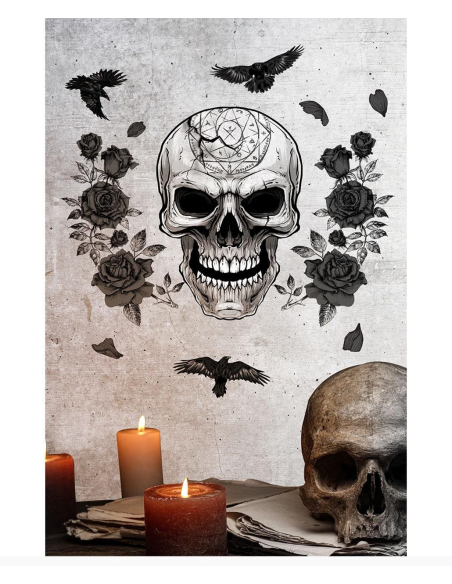 Décoration murale Halloween – Crâne gothique aux roses noires & corbeaux 25×70 cm