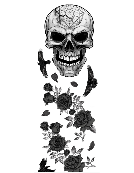 Décoration murale Halloween – Crâne gothique aux roses noires & corbeaux 25×70 cm