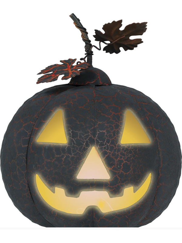 Citrouille Halloween en métal noir et orange avec lumière LED – 20 cm