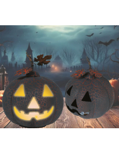 Citrouille Halloween en métal noir et orange avec lumière LED – 20 cm
