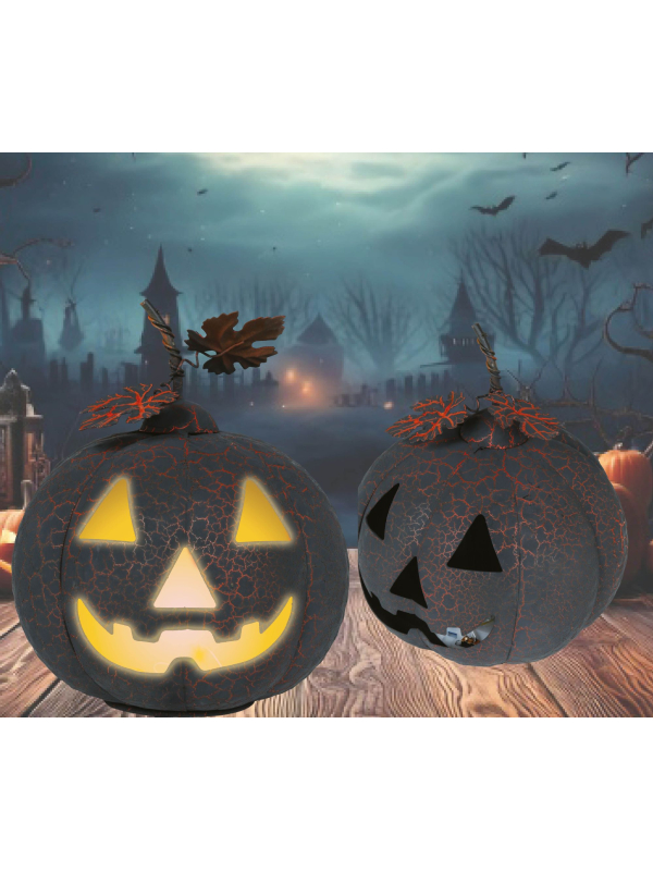 Citrouille Halloween en métal noir et orange avec lumière LED – 20 cm