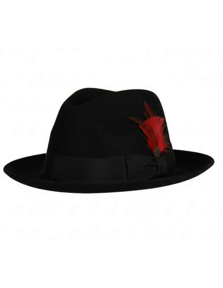 Chapeau Fedora Luxe Noir avec Plume Rouge – 3 Tailles au Choix