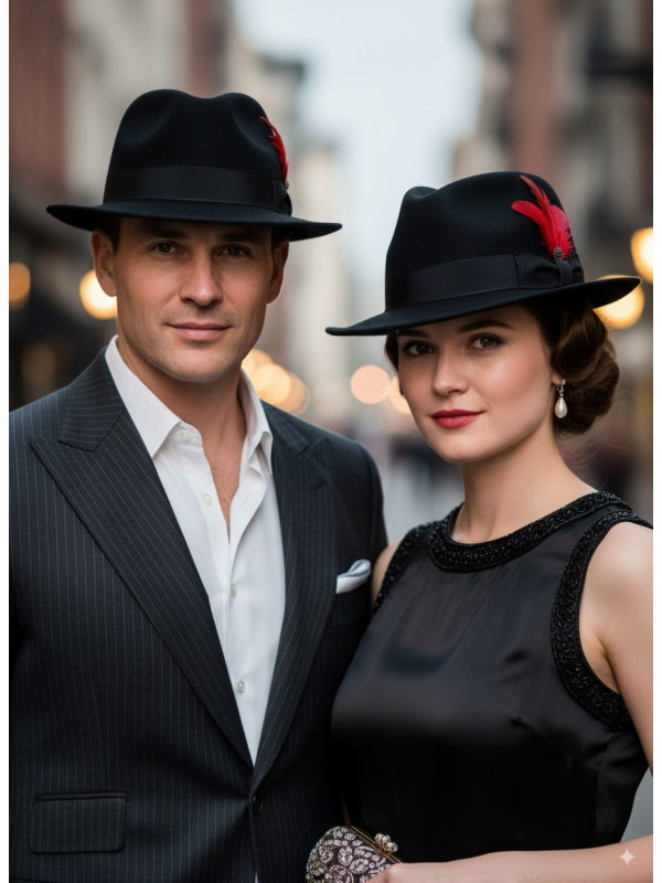 Chapeau Fedora Luxe Noir avec Plume Rouge – 3 Tailles au Choix
