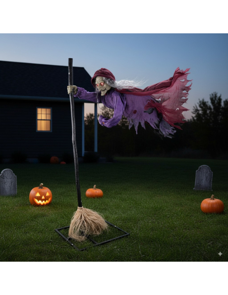 Automate Halloween Sorcière Volante 195 cm – Décoration Animée Incontournable