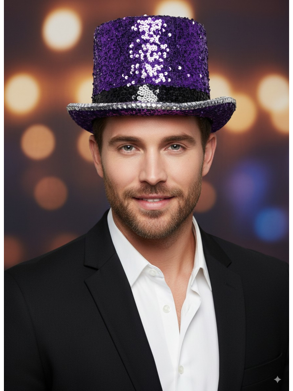 Chapeau haut de forme violet paillettes & strass – Fever® Deluxe (mixte, taille unique homme