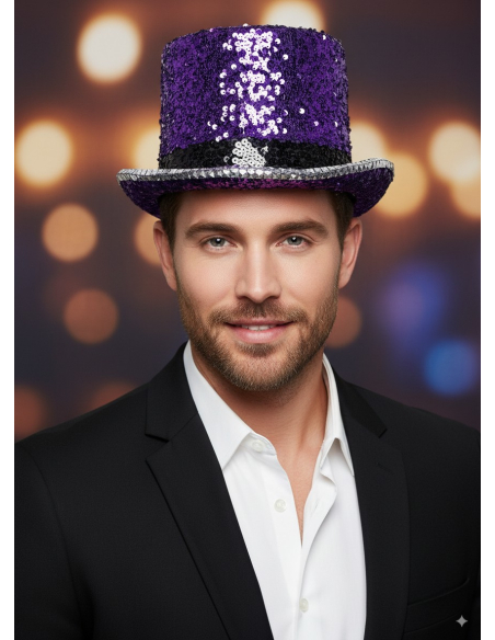 Chapeau haut de forme violet paillettes & strass – Fever® Deluxe (mixte, taille unique homme
